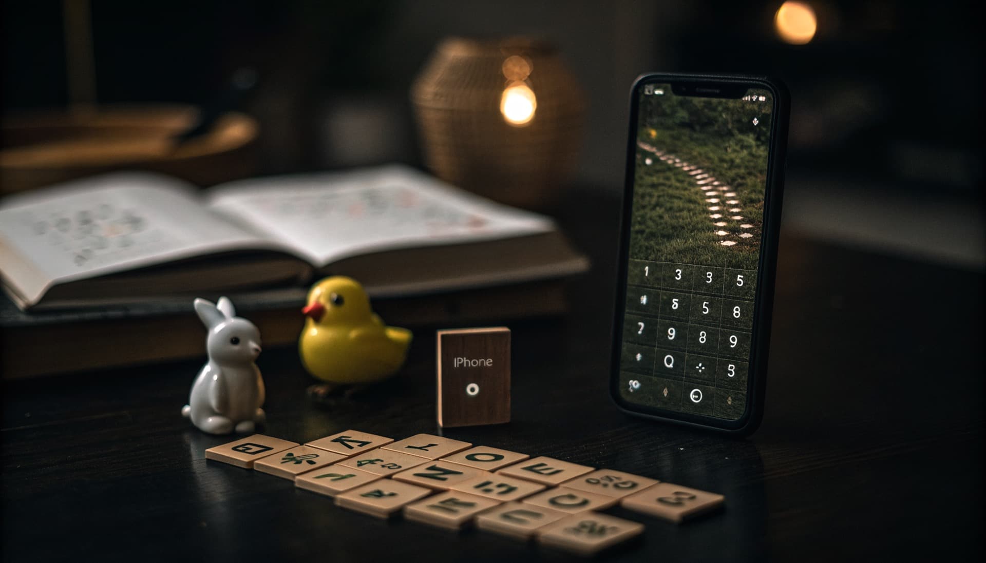Small ceramic bunny and chicken figurines in the dark beside an iPhone showing BunnyChicken gameplay