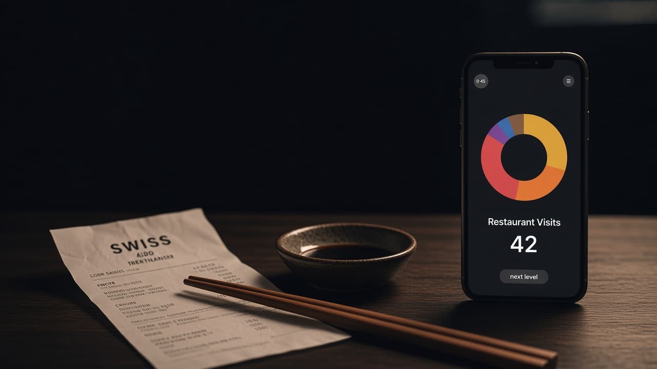 Eatspend spending dashboard with a food budget donut, restaurant list, and monthly spend chart