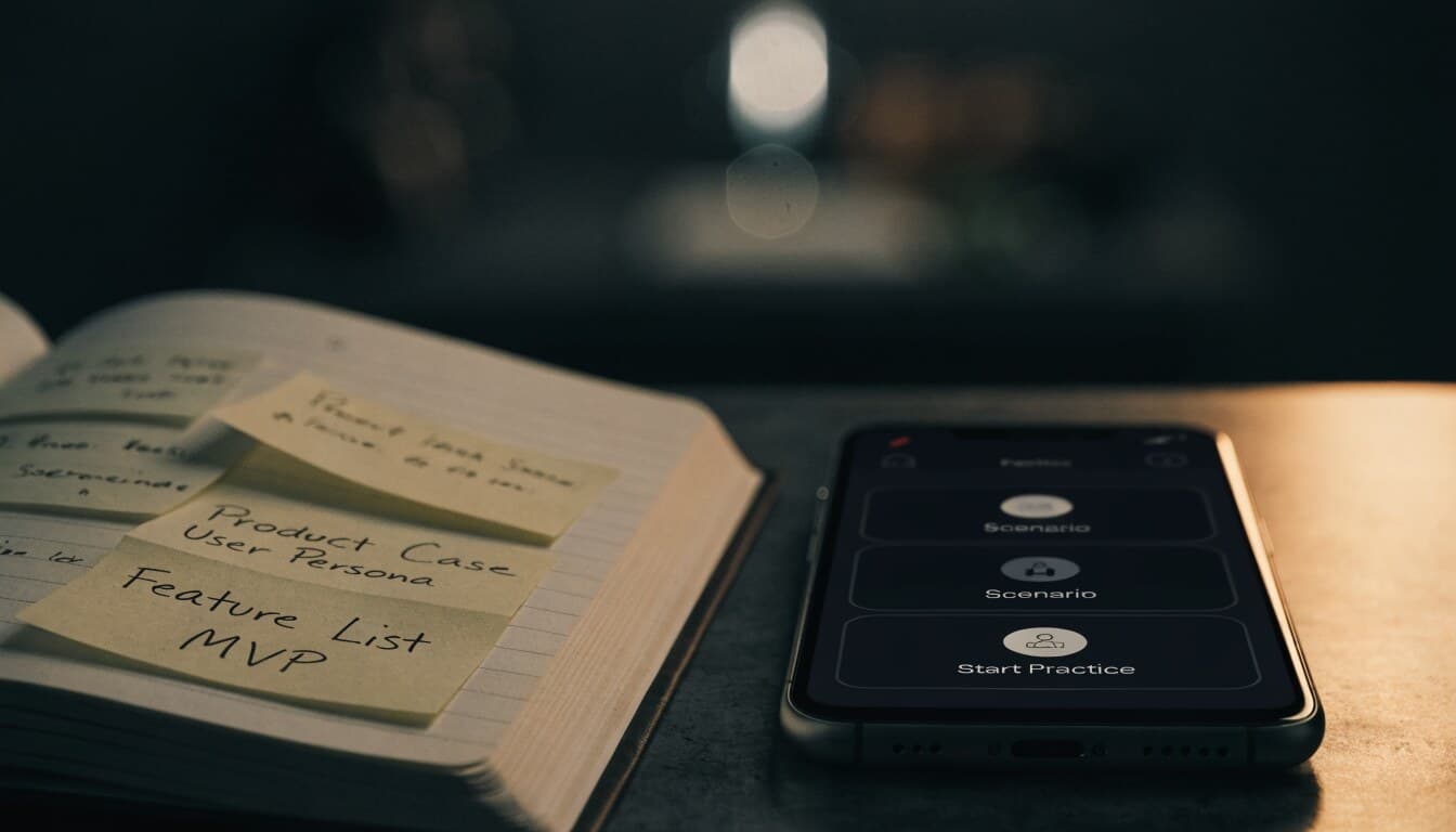 Notebook with product case sticky notes in the dark beside an iPhone showing LeetProduct practice scenarios
