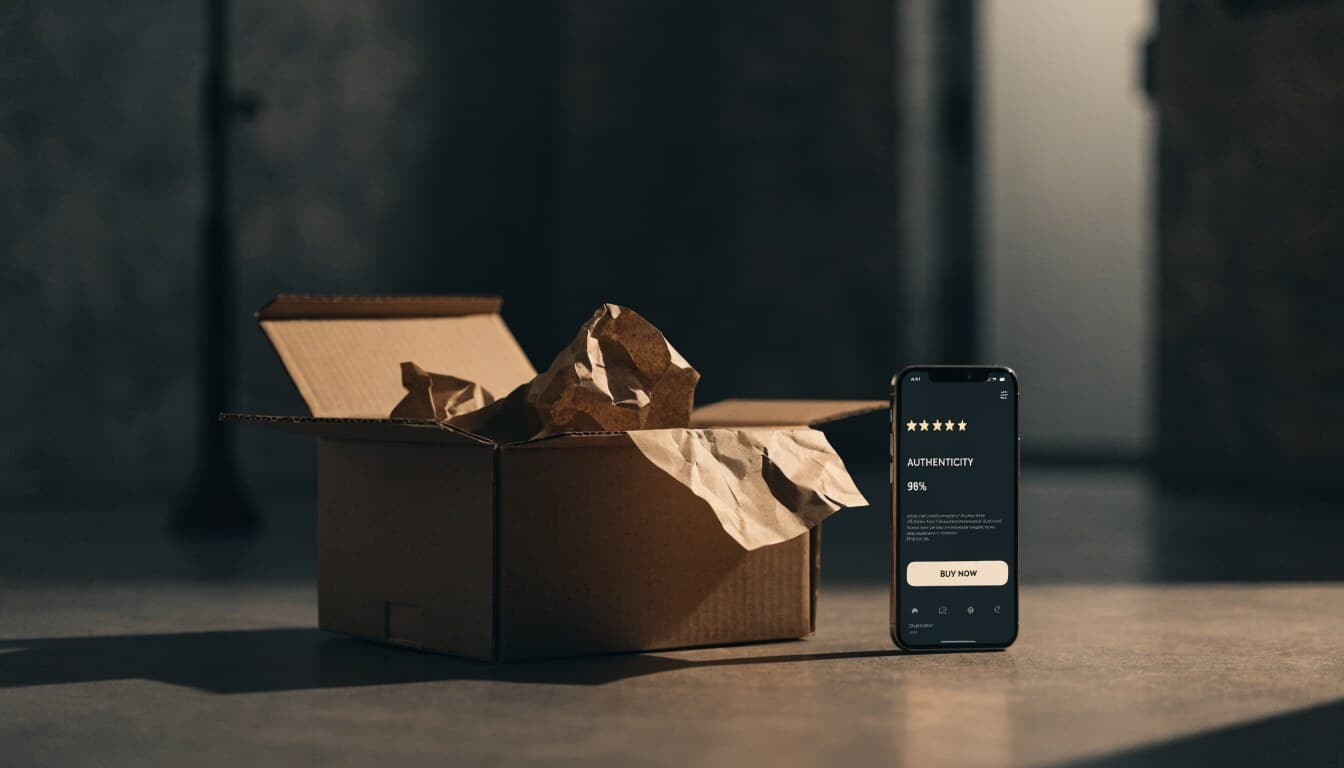 Opened cardboard shipping box in half-light next to an iPhone showing RateBud review trust scores