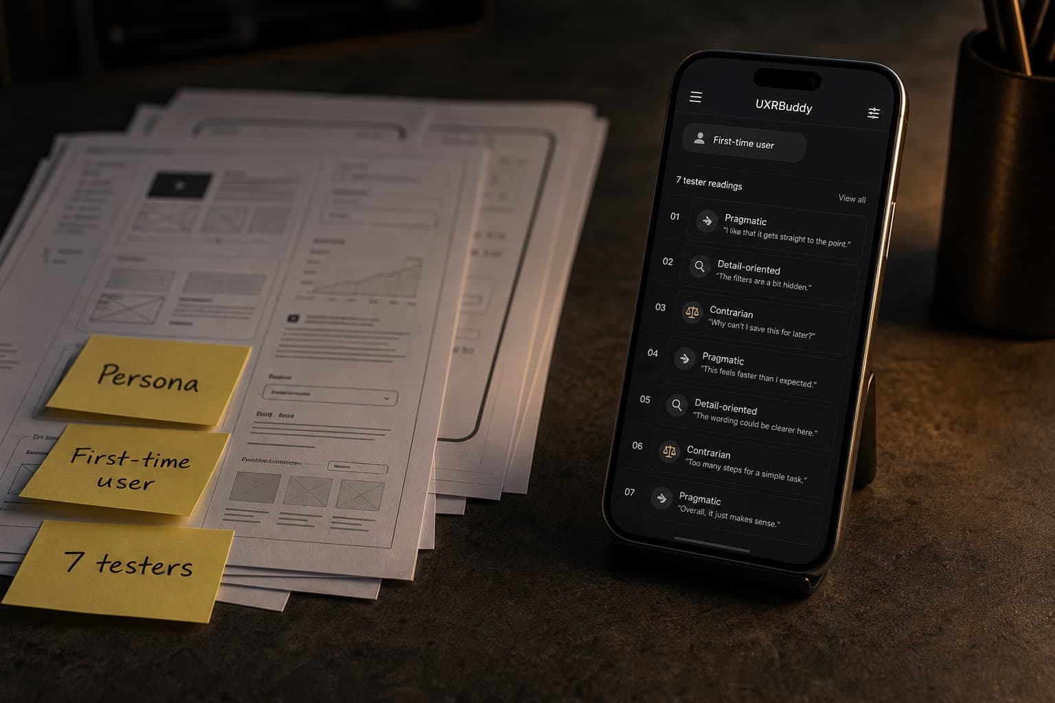 Printed wireframes and sticky notes for a first-time-user persona beside an iPhone showing UXRBuddy seven-tester readings